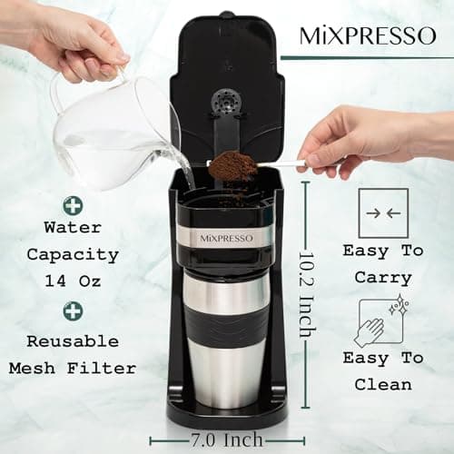 Mixpresso Black Personal Single Serve Coffee Maker with 14oz Travel Mug, Drip Small Coffee Maker with Auto Shut Off, Reusable Filter, Works with Ground Coffee Only – Not for K-Cup Pods — view 2