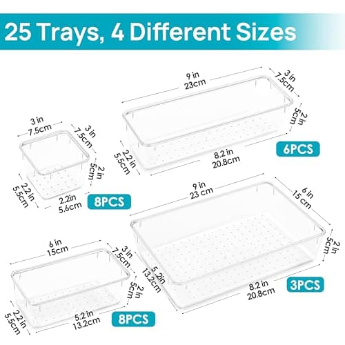 Vtopmart 25 PCS Plastic Clear Drawer Organizer, Acrylic Desk Drawer organizers, Organization and Storage for Makeup, Bathroom, Office, kitchen, Bedroom — view 2