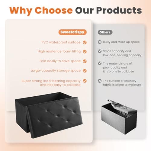 Sweetcrispy 30 Inches Folding Ottoman with Storage Bench, Foot Rest Stool, End of Bed Storage Bench Upholstered, Load 660 lbs, for Living Room, Lychee Grain Leather, Black — view 4