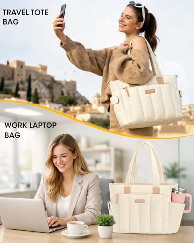 RAINSMORE Laptop Tote Bag for Women 15.6 Inch Puffer Quilted Work Bag with 40oz Cup Holder Large Capacity Lightweight Shoulder Bag for Teacher Travel Business Casual Office Professional, Beige