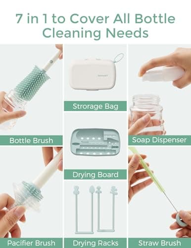 Momcozy Bottle Brush Set - Baby Bottle Cleaner Kit with Silicone Brush, Nipple Brush, Straw Brush, Soap Dispenser, Drying Rack - 7 in 1 Bottle Cleaning Tool for Home and Travel, Green — view 4