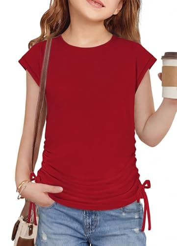 Arshiner Girls Summer Tops Trendy 2026 Ruched Cap Short Sleeve Tshirts Shirts Crew Neck T Shirts Red 9-10 Years