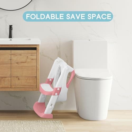 COOSEYA Potty Training Toilet with Step Stool Ladder, Toddler Kids Potty Training Seat for Boys Girls, Foldable Non-Slip Toilet Toddler Seat Splash Guard Soft Cushion Safety Handles (Pink) — view 5
