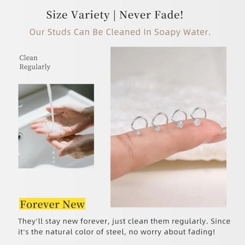 FriBasics 8Pcs 316L Surgical Stainless Steel 20G Nose Studs Set, High Polish Finish Corkscrew Nose Rings, Clear Cubic Zirconia, Size 1.5-3MM, For Men: 8Pcs/20g/1.5/2.0/2.5/3.0mm, Stainless Steel Cubic — view 6