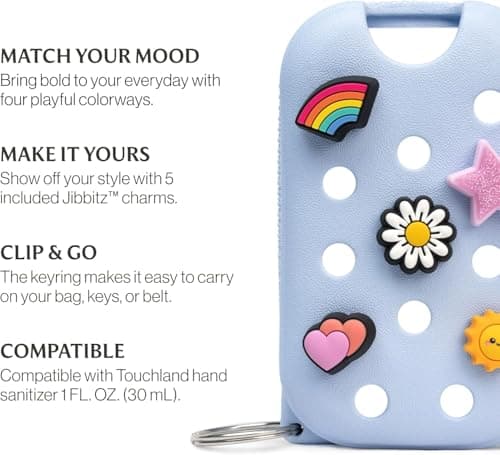 Silicone Case Compatible with Touchland Hand Sanitizer – 5 Charms and Keyring Included, Special Edition Protective Cover for 1 Fl Oz Spray Bottle, Stylish Accessory in Cloudwave Blue — view 4