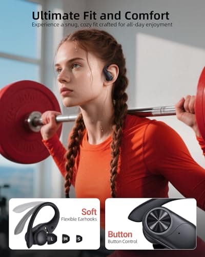 PocBuds Bluetooth Headphones Wireless Earbuds 80hrs Playtime Wireless Charging Case Digital Display Sports Ear Buds with Earhook Deep Bass IPX7 Waterproof Over-Ear Earphones for TV Phone Laptop Black — view 5