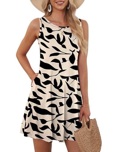 WNEEDU Sun Dress 2026 Casual Loose Swing Vacation Dress with Pockets, Apricot Black Leaf S
