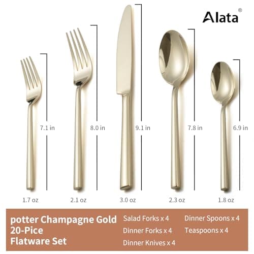 Alata Potter Champagne Gold 20-Piece Forged Silverware Set, Service for 4, Stainless Steel Flatware Set, Modern Design with Mirror Finish, Ideal for Home, Kitchen, Party, Camping — view 3