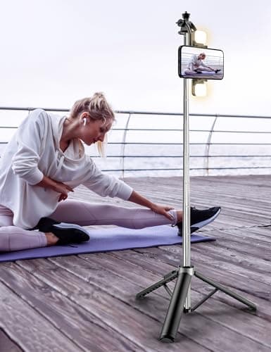 Selfie Stick with 2 Fill Light, 53'' Tripod for Cell Phone with Wireless Remote, 360° Rotating Portable Phone Tripod with Detachable Clip, Travel Phone Holder Compatible with iPhone/Samsung/GoPro — view 7