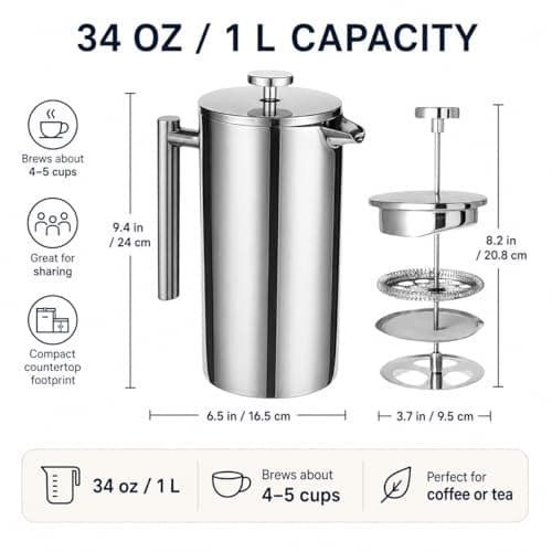 34 Oz Insulated 304 Stainless Steel French Press for Home and Camping — view 5