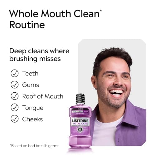 Listerine Mouthwash Total Care Anti Cavity Treatment for Adults Kills 99.9% of Bad Breath Germs in Intense Mint Antibacterial Fluoride Mouthwash, 2 pack of 33.8 fl oz​ — view 5