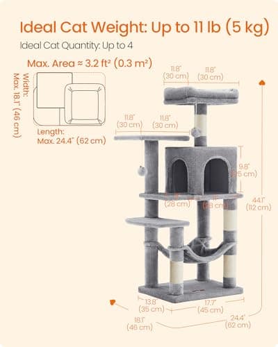 Feandrea Cat Tree Tower, 112 cm, 2 Perches, Hammock, Light Gray — view 5