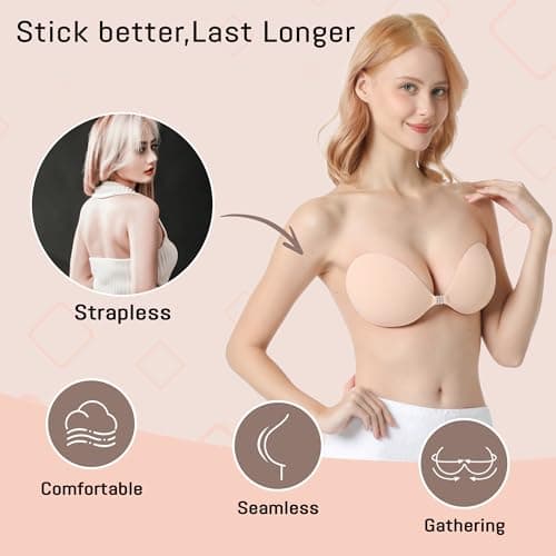 GKHWON Adhesive Bra Strapless Backless Invisible Push Up Sticky Bra with Silicone Nipple Covers Reusable Beige B