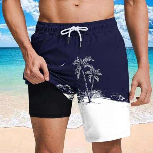 Mens Vacation Shorts, Mens Swim Trunks with Compression Liner Stretch Board Shorts 2 in 1 Quick Dry Hawaiian Swim Shorts 7'' Inseam Beach Swimwear Navy — view 2