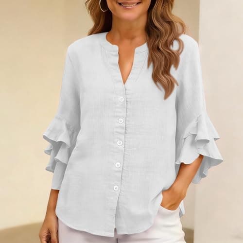3/4 Ruffle Sleeve Cotton Linen Shirts for Women Dressy V Neck Beach Tunic Tops Elegant Summer Casual Work Blouses White — view 2