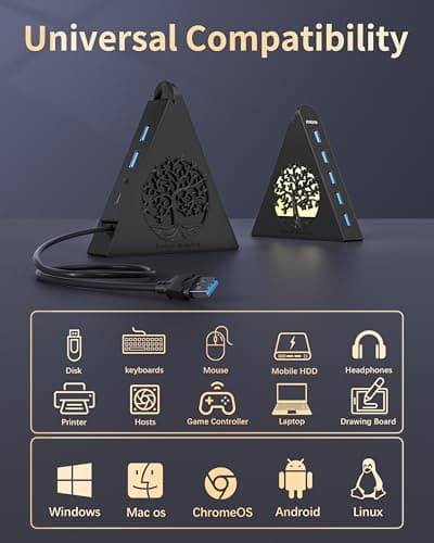 JoyReken 7-Port USB 3.0 Hub, Vertical USB Hub Splitter with RGB Tree Lighting, 5Gbps High-Speed Data Transfer and 2FT Extension Cable, Compatible with PC, MacBook, Laptop, PS5, Xbox, Flash Drive — view 6