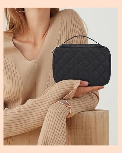 Relavel Small Makeup Bag, Travel Cosmetic Bag with Makeup Brush Compartment, Cute Make Up Pouch for Women, Double Layer Toiletry Organizer for Short Trip, Office - Black — view 3