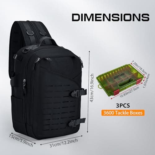 Goture Fishing Sling Bag, Black with 3*Green Handles 3600, Waterproof Heavy-Duty Multi-Pocket Unisex Angler Gear