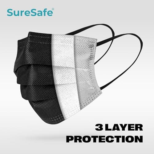 SURESAFE Premium Black Mask - Disposable Face Mask Pack of 100, 3 Ply face mask with Ear Loop, Women and Men Face Mask, High Filtration — view 2