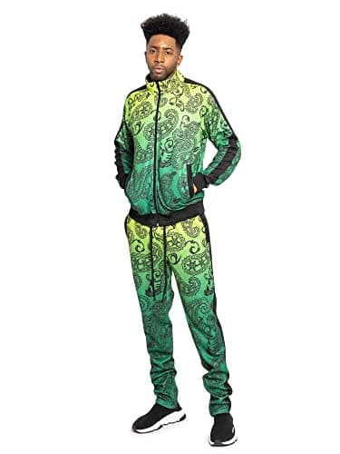 Men's Tiger Stripes Reflective Tape Track Suits 2 Piece Sweatsuit Set ST576 - Neon Yellow - X-Large - CC1I