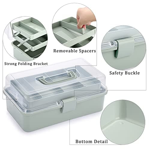 BTSKY 3-Layer Plastic Dividing Storage Box Craft Organizer and Storage with Adjustable Spacers Portable Handled Art Supply Organizer Multipurpose Home Utility Box for Medicine Sewing(Haze Green) — view 4