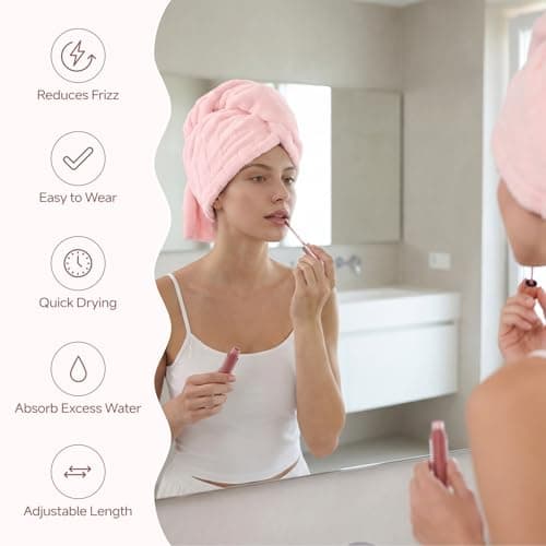 REDKISS 2 Pack Microfiber Hair Towel Wrap for Women, Super Absorbent Quick Dry Hair Turban for Thick Long Curly Hair, Large Stay-Put Anti-Frizz Hair Drying Towels, Pink Blue Gray