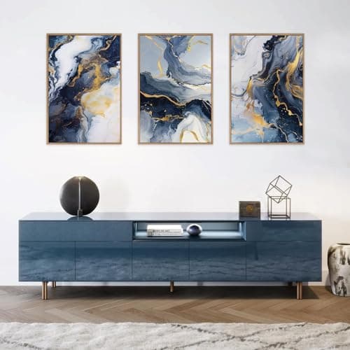 HPNIUB Navy Blue and Gold Framed Canvas Wall Art Set,Mid-Century Modern Abstract Wall Decor,Navy Blue Ink Wash Painting,Neutral Art Print for Living Room,Bedroom,Dining Room,Office - 24"x36"x3 — view 2