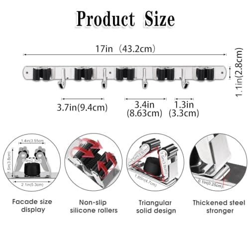 5 Racks and 4 Hooks Mop and Broom Holder Wall Mount, Broom Organizer Storage Tool Racks Stainless Steel Heavy Duty Hooks Self Adhesive Solid Non-slip for Home Kitchen Garden Laundry Garage — view 2