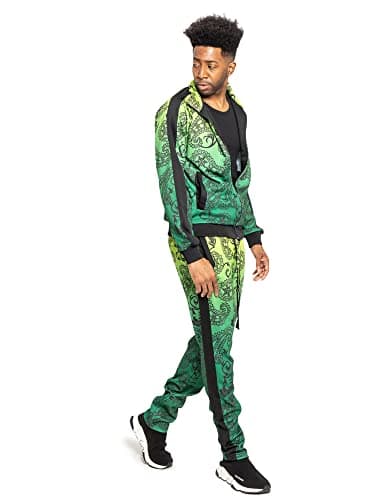 Men's Tiger Stripes Reflective Tape Track Suits 2 Piece Sweatsuit Set ST576 - Neon Yellow - X-Large - CC1I — view 3