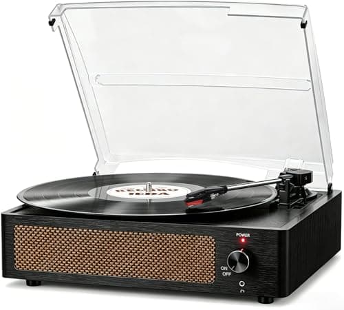 Vinyl Record Player with Speaker Vintage Turntable for Vinyl Records, Belt-Driven Turntable Support 3-Speed, Wireless Playback, Headphone, AUX-in, RCA Line LP Vinyl Players for Sound Enjoyment Black