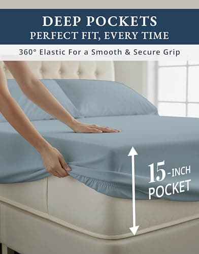 100% Egyptian Cotton King Size Sheets- Naturally Breathable & Durable Winter Comfort, Ultra-Soft Hotel Comfort with 15" Deep Pocket King Sheet Set, Silky Sateen Weave Luxury You Can Feel- French Blue — view 5