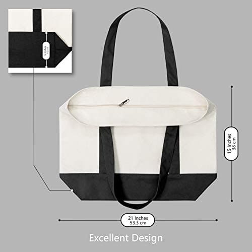 TOPDesign 1 | 3 | 6 | 30 Pack Canvas Tote Bag with an External Pocket, Reusable Grocery Shopping Bag, Top Zipper Closure, Daily Essentials (Black/Natural Pack of 1) — view 4