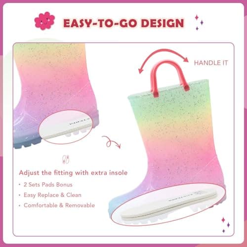 EUXTERPA Kids Toddler Light Up Rain Boots Girls Waterproof Patterns and Glitter Boots with Easy On Handles, Pink Gradient, Toddler Size 7 — view 4