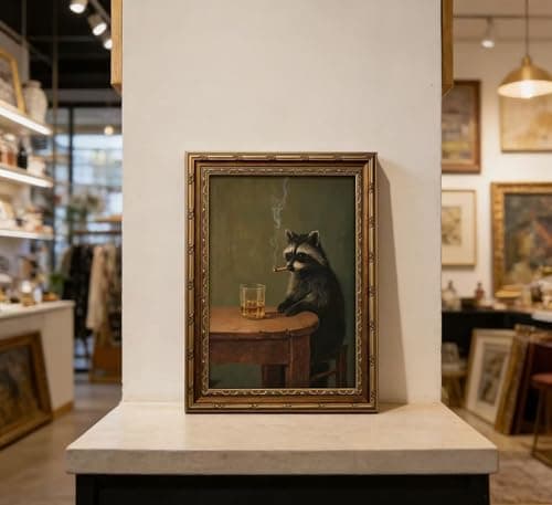 Vintage Gold Framed Smoking Raccoon Wall Art,Moody Dark Funny Animal Whiskey Cigar Canvas Print,Humor Funny Raccoon Wall Decor,Retro Bar Cart Poster Artwork,for Study Living Office Bar Decor — view 7