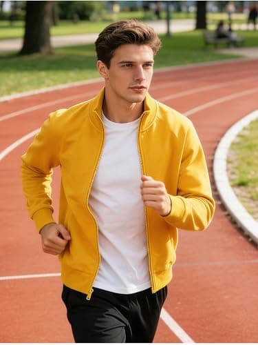 LINMYZAI Mens Zip Up Sweatshirt No Hood Mock Neck Sweatshirts Men's Fleece Jackets Full Zip Lightweight Jacket Seam Pocket, Yellow, Large — view 2