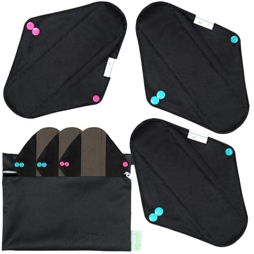 wegreeco Charcoal Reusable Menstrual Pads - Reusable Sanitary Pads | Reusable Panty Liners | Soft Cloth Menstrual - 6 Pack with 1 Cloth Mini Wet Bag (Medium, Black)