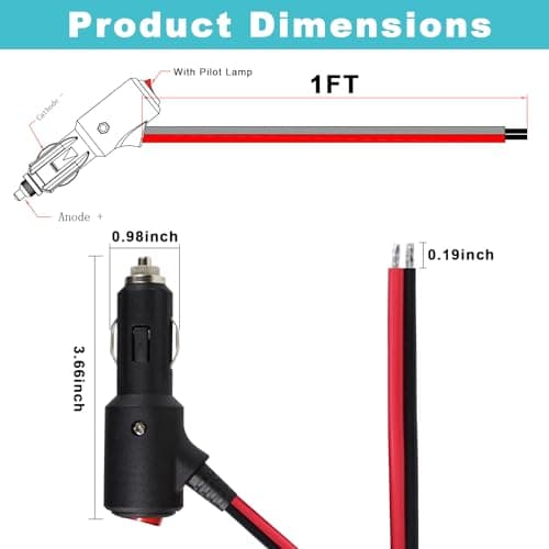 12Volt Replacement Cigarette Lighter Male Plug with On Off Switch - 1FT 12V Fused 15amp Cigarette Male Plug with 16gauge Leads, 12V DC Car Plug Replacement for Car Cooler,Cb Radio, Air Compressor