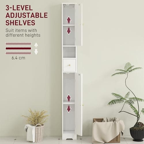 HOMCOM Tall Bathroom Cabinet, Modern Slim Bathroom Storage with Arched Doors, Drawer and Open Shelf, Narrow Storage with Adjustable Shelves, White — view 4