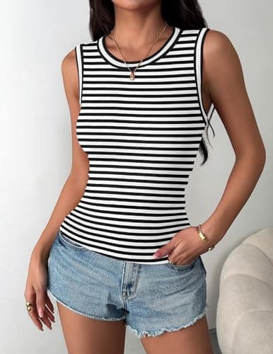 Zeagoo High Neck Tank Tops for Women 2026 Summer Striped Ribbed Knit Sleeveless Shirts Fitted Basic Undershirts — view 2