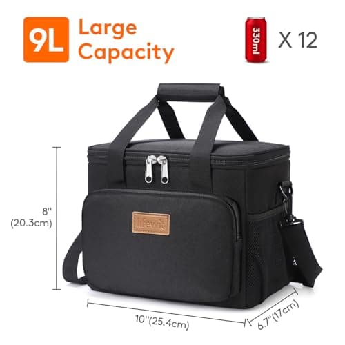 Lifewit Medium Lunch Bag, Insulated Lunch Box, Soft Cooler Cooling Tote for Adult Men Women, Black 12-Can (9L) — view 3
