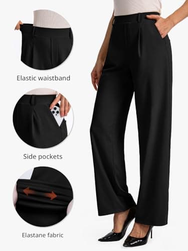 Feiersi Womens Dress Pants Wide Leg Pull On Stretchy Work Pants High Waisted Business Trousers with Pockets(Black,Small) — view 3
