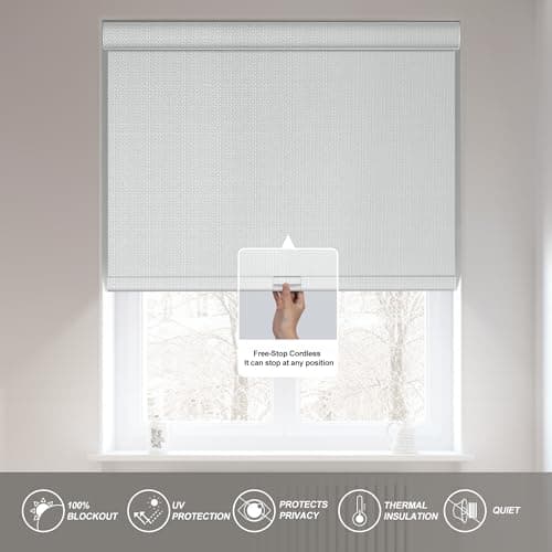 Boolegon Blackout Roller Shades for Windows,Cordless,Linen Fabric,Roller Blinds,Thermal Insulated Fabric UV Protection,Window Shades for Home,Door,Bedroom,Office,Blackout-White,Custom Size — view 4