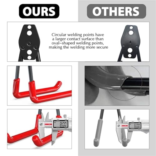 3-H Garage Hooks Heavy Duty, Tool Hangers for Garage Wall Hooks 14PC, Skateboard Wall Mount with 3 Welding Spot for Organizing Power and Garden Tools, Ladder, Ropes, Chair, Shovel (Red) — view 3