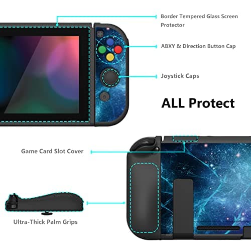 PlayVital ZealProtect Soft Protective Case for Nintendo Switch, Flexible Cover Protector for Switch with Tempered Glass Screen Protector & Thumb Grips & ABXY Direction Button Caps - Blue Nebula — view 4