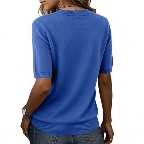 Elbow Sleeve Tops Women Loose Fit Cashmere Sweaters Crew Neck T Shirts Dressy Lightweight Half Sleeve Spring Blouses Blues Medium — view 4