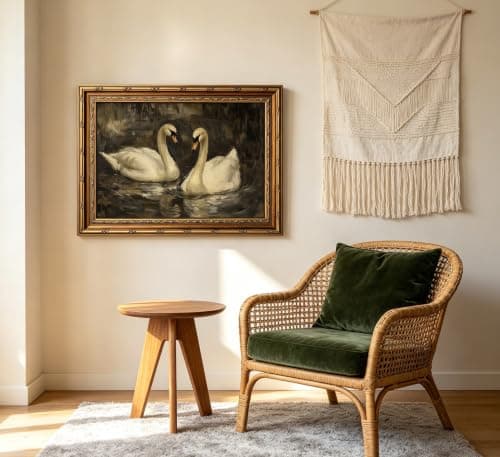 YUANNING Vintage Gold Frame Swan Couple Wall Art Elegant Swan Painting Canvas Modern Farmhouse Cottagecore Picture Wall Decor Dark Academia Lake Nature Aesthetic Print Artwork For Bedroom Living Room — view 2