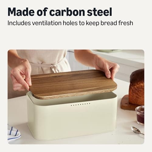 Amazon Basics Carbon Steel Bread Box with Acacia Wood Lid, Lid Doubles as Cutting Board, 30 x 18 x 13.2 cm — view 2