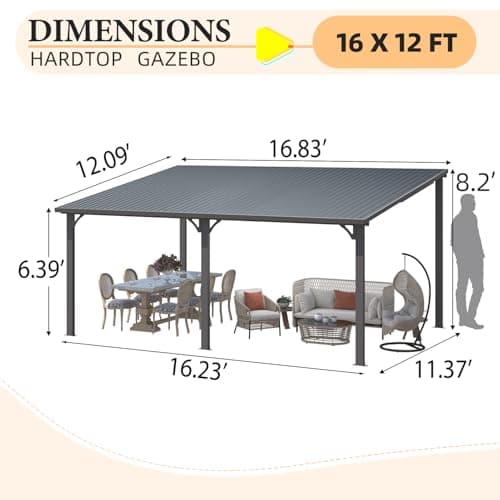 U-MAX 16' x 12' Outdoor Pergola Hardtop Gazebo, Wall-Mounted Heavy Duty Lean to Metal Awnings Gazebos on Clearance for Patio, Large Galvanized Steel Pergolas and Gazebo for Outdoor — view 2