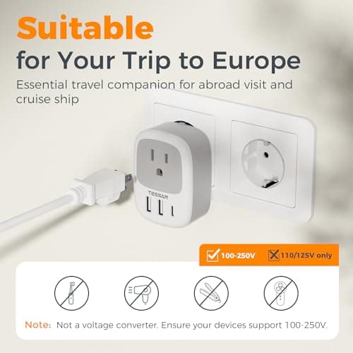 Canada to European Travel Adapter 2 Pack, TESSAN Plug Adaptor with 1 Outlet and 3 USB Ports(1 USB C), Type C Power Plug for Most of Europe Finland, France, Germany, Greece, Italy, Korea — view 4