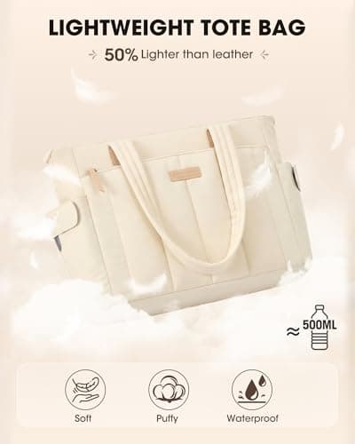 RAINSMORE Laptop Tote Bag for Women 15.6 Inch Puffer Quilted Work Bag with 40oz Cup Holder Large Capacity Lightweight Shoulder Bag for Teacher Travel Business Casual Office Professional, Beige — view 3